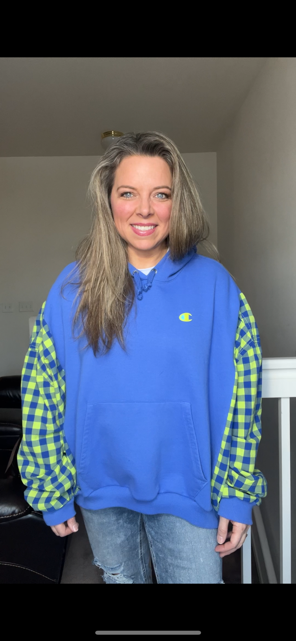 Upcycled Blue Champion – women’s XL – soft thick sweatshirt with thin cotton sleeves ￼