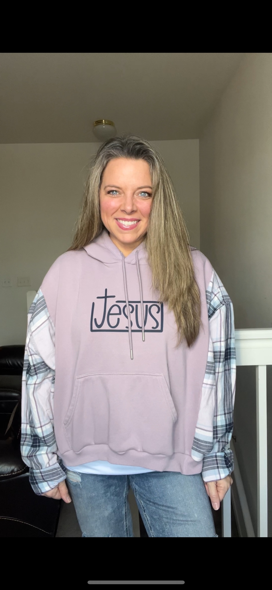 Upcycled Jesus - women’s medium – midweight sweatshirt with thin flannel sleeves ￼