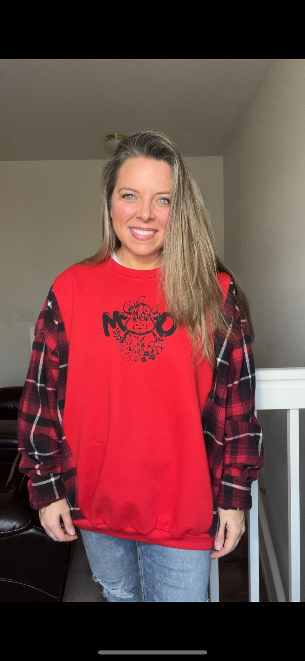 Upcycled Highland Cow Red - women’s 1X/2X – midweight sweatshirt with thick flannel sleeves ￼