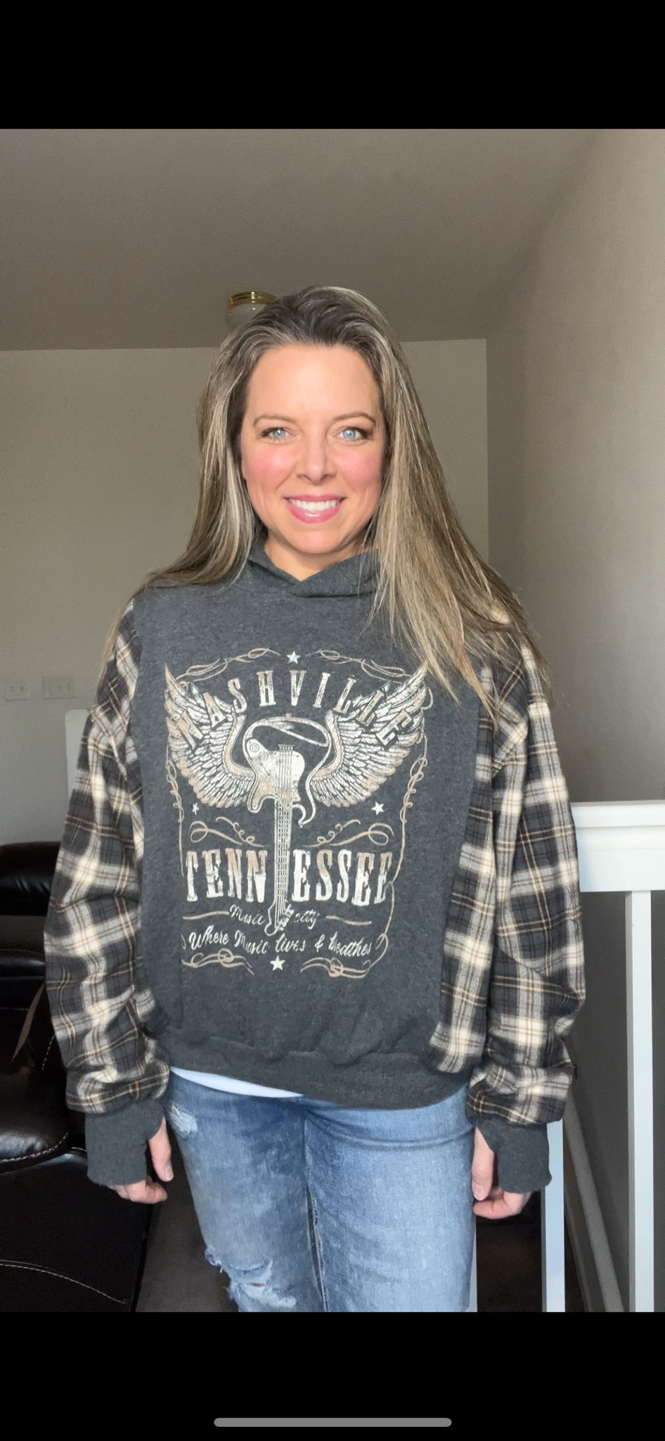 Upcycled Nashville – women’s medium – thin sweatshirt with flannel sleeves – thumb holes on cuffs ￼