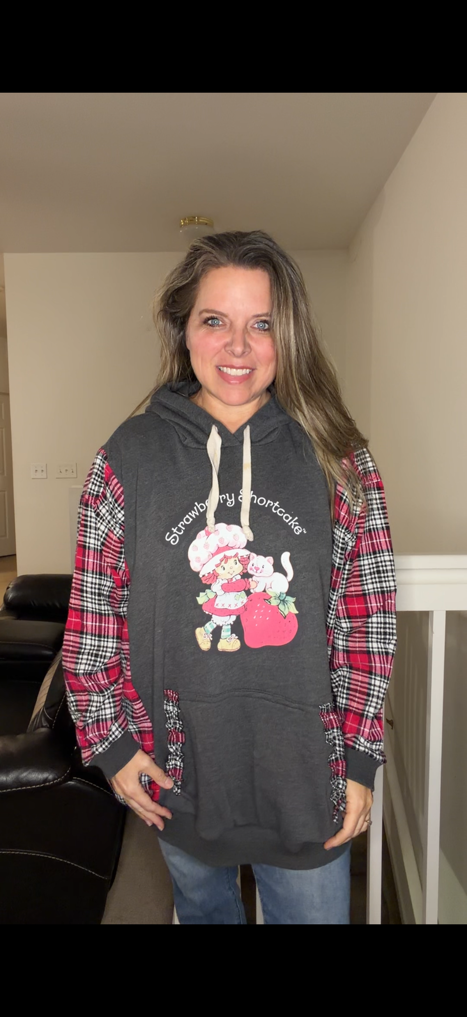 Upcycled Strawberry Shortcake - women's 4X stretchy sweatshirt with flannel sleeves