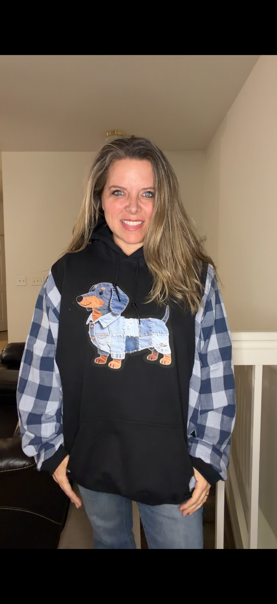 Upcycled Denim Dog - women's 3X midweight sweatshirt with flannel sleeves