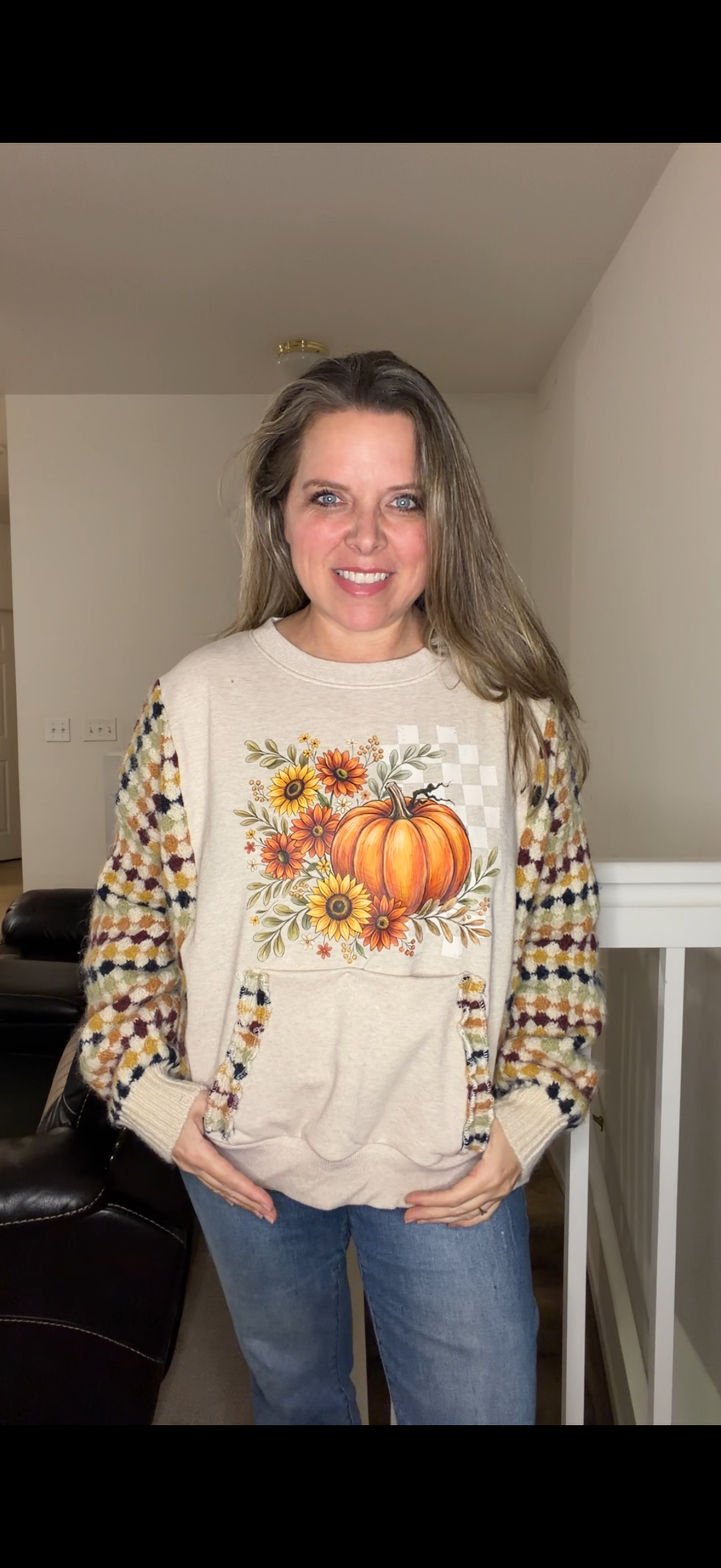 Upcycled Pumpkin - women's medium/large French Terry sweatshirt with sweater sleeves