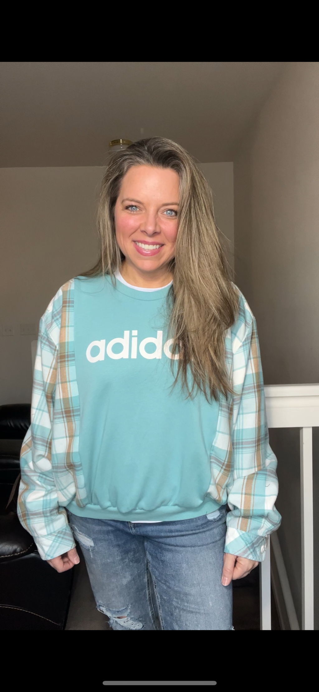 Upcycled Aqua Adidas – women’s S/M – thin french terry sweatshirt with thick cotton lined flannel sleeves ￼