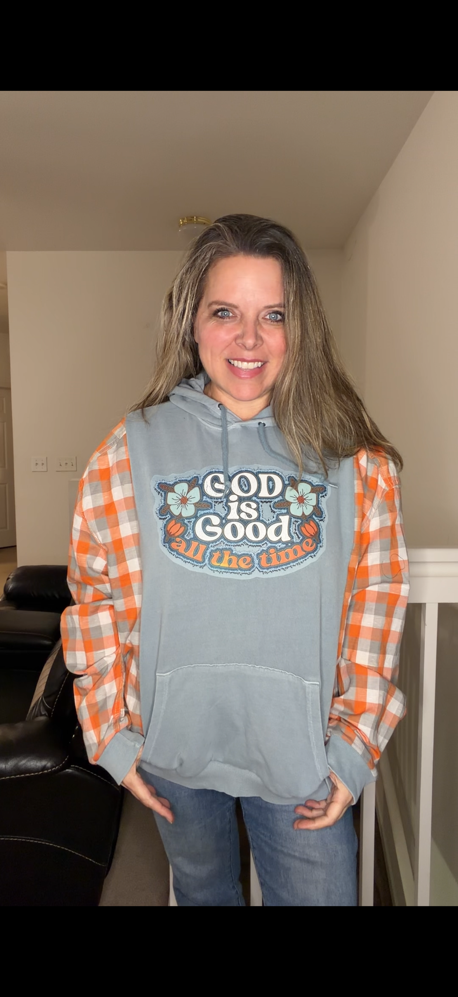 Upcycled God is Good - women's large French Terry sweatshirt with cotton sleeves