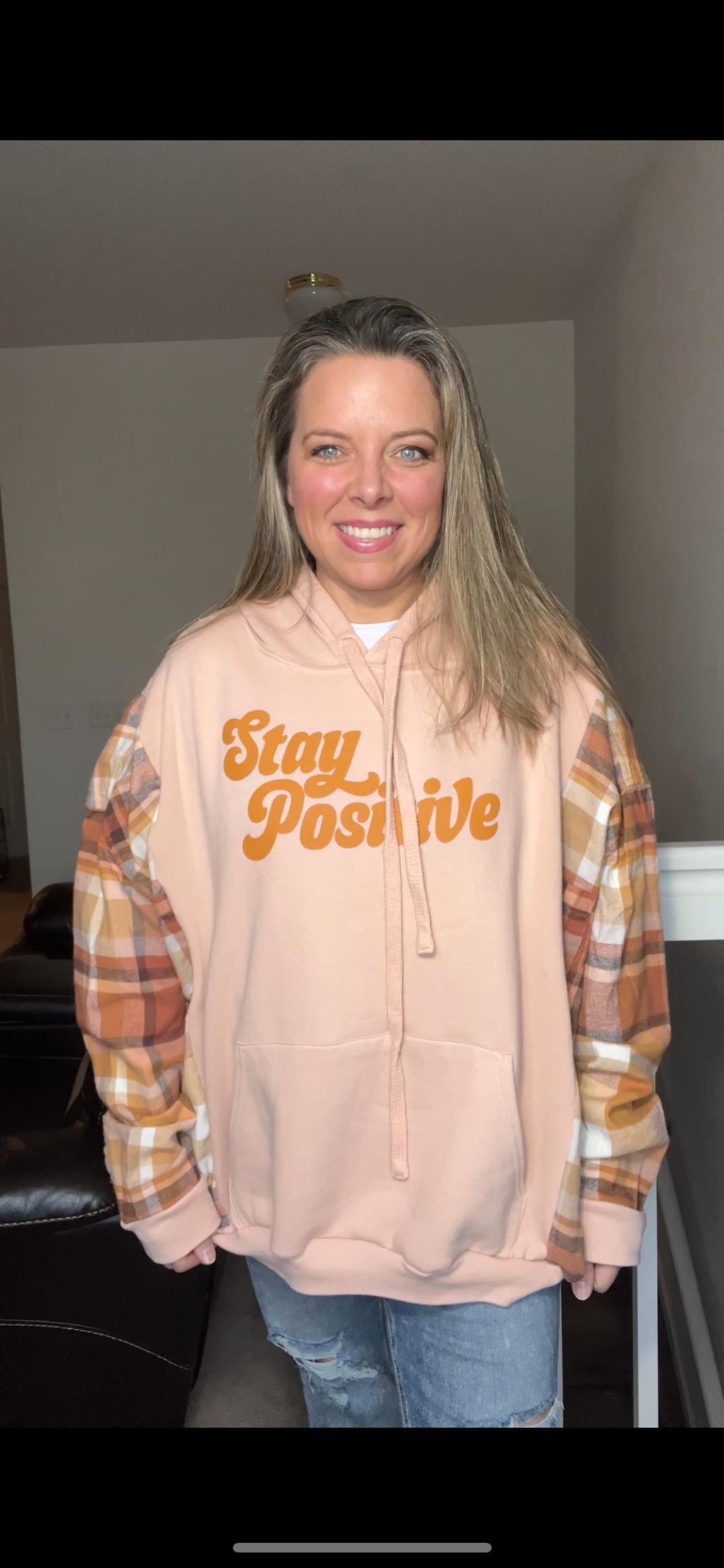 Upcycled Stay Positive – women’s 3X – soft thick sweatshirt with flannel sleeves