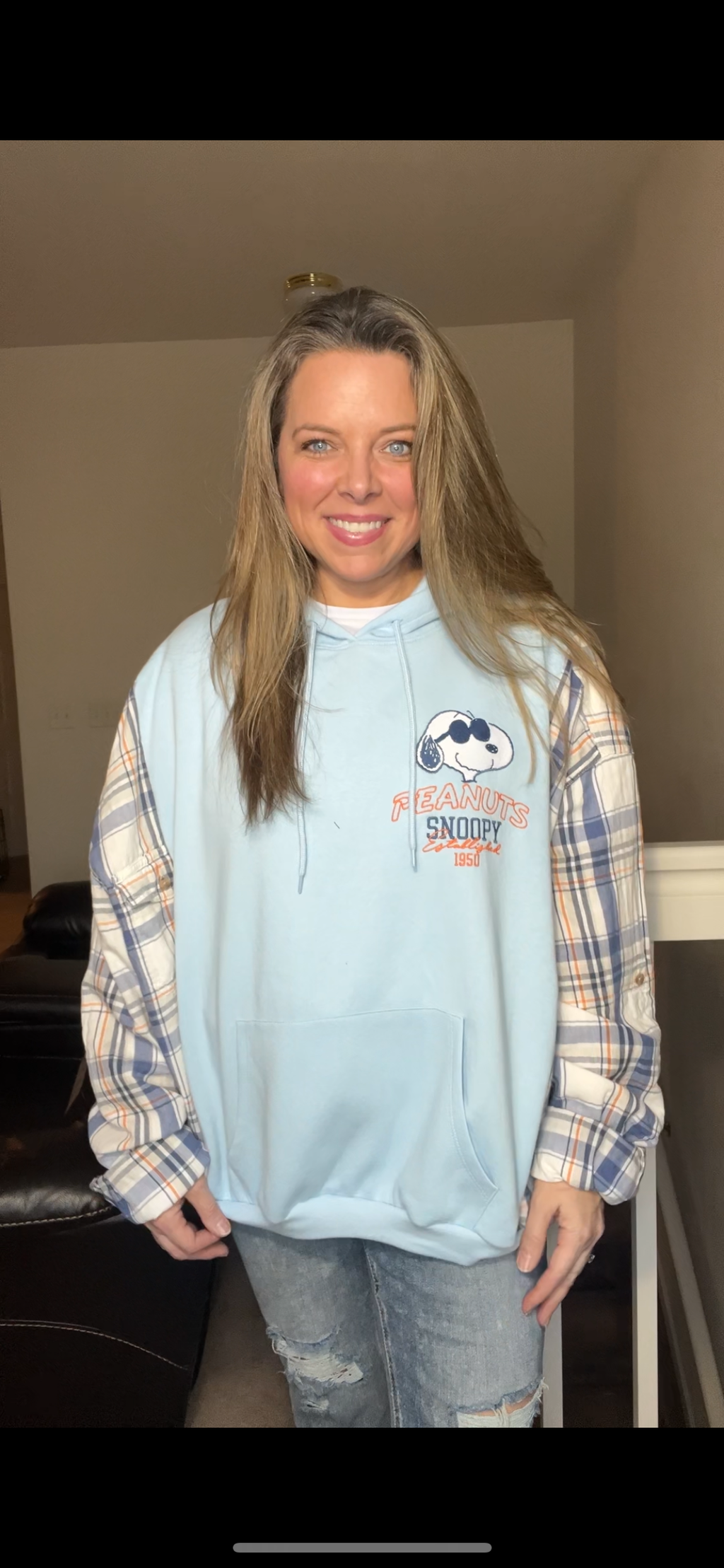 Upcycled Snoopy Blue – women’s 1X – midweight sweatshirt with flannel sleeves ￼