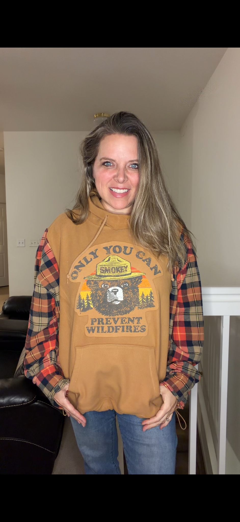 Upcycled Smokey - women's 2X/3X fleece sweatshirt with flannel sleeves
