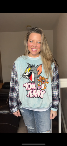 Upcycled Tom and Jerry – women’s large – fuzzy sweatshirt with soft flannel sleeves ￼