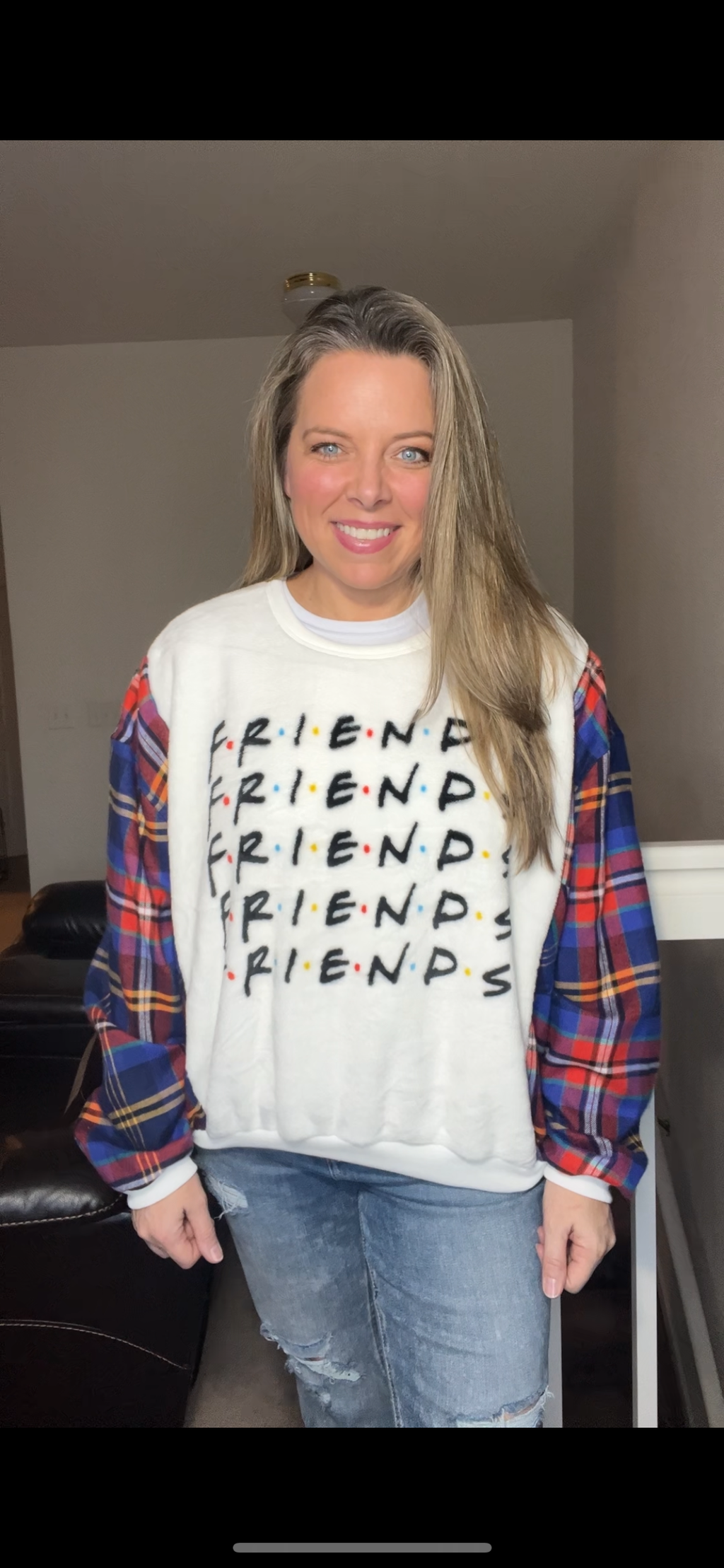 Upcycled Friends – women’s large – fuzzy sweatshirt with soft flannel sleeves