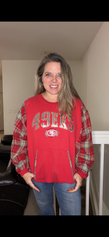 Upcycled 49ers - women's large midweight sweatshirt with flannel sleeves