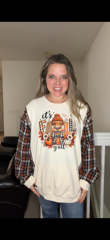 Upcycled Fall Cow - women's 3X/4X stretch fleece sweatshirt with flannel sleeves
