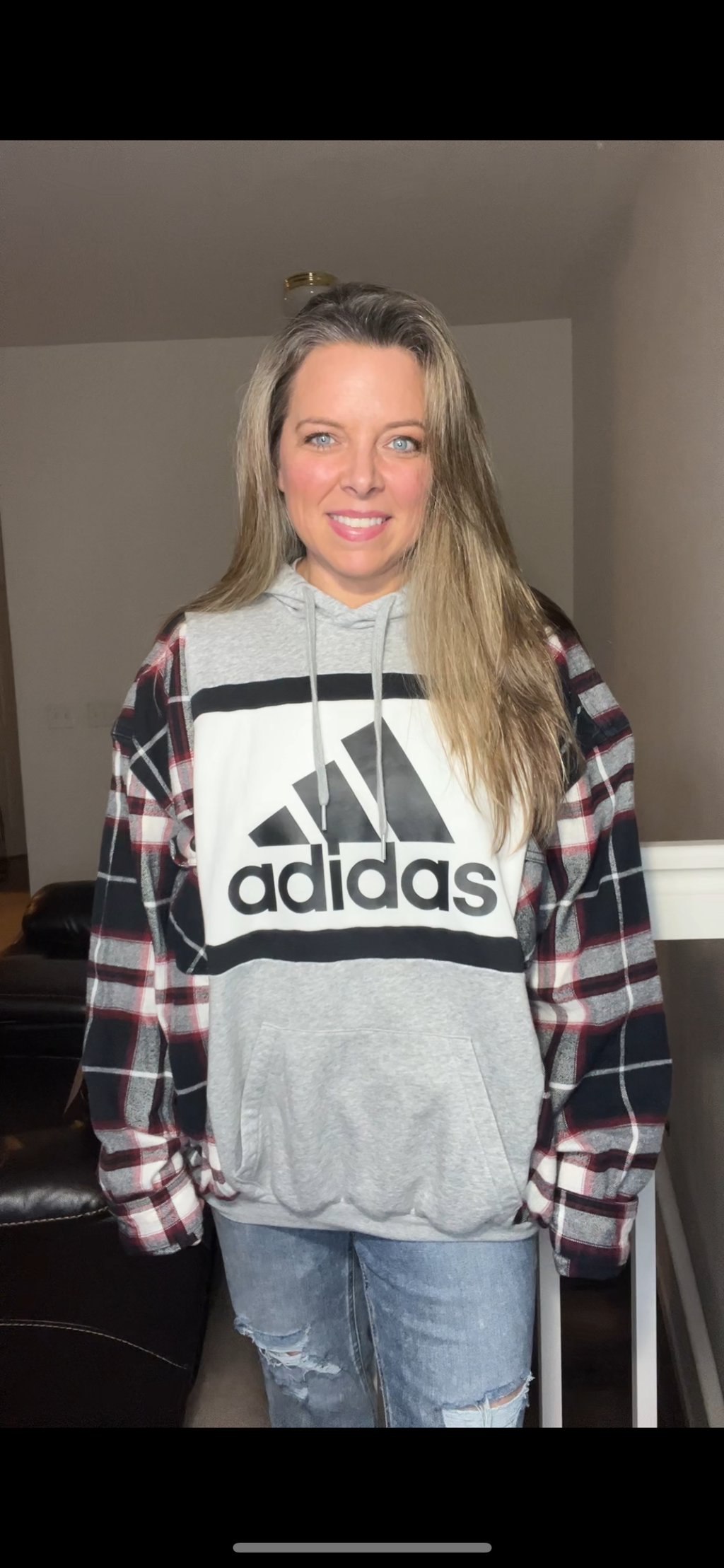 Upcycled Adidas Gray/Black – women’s 1X – thick sweatshirt with very thick flannel sleeves ￼
