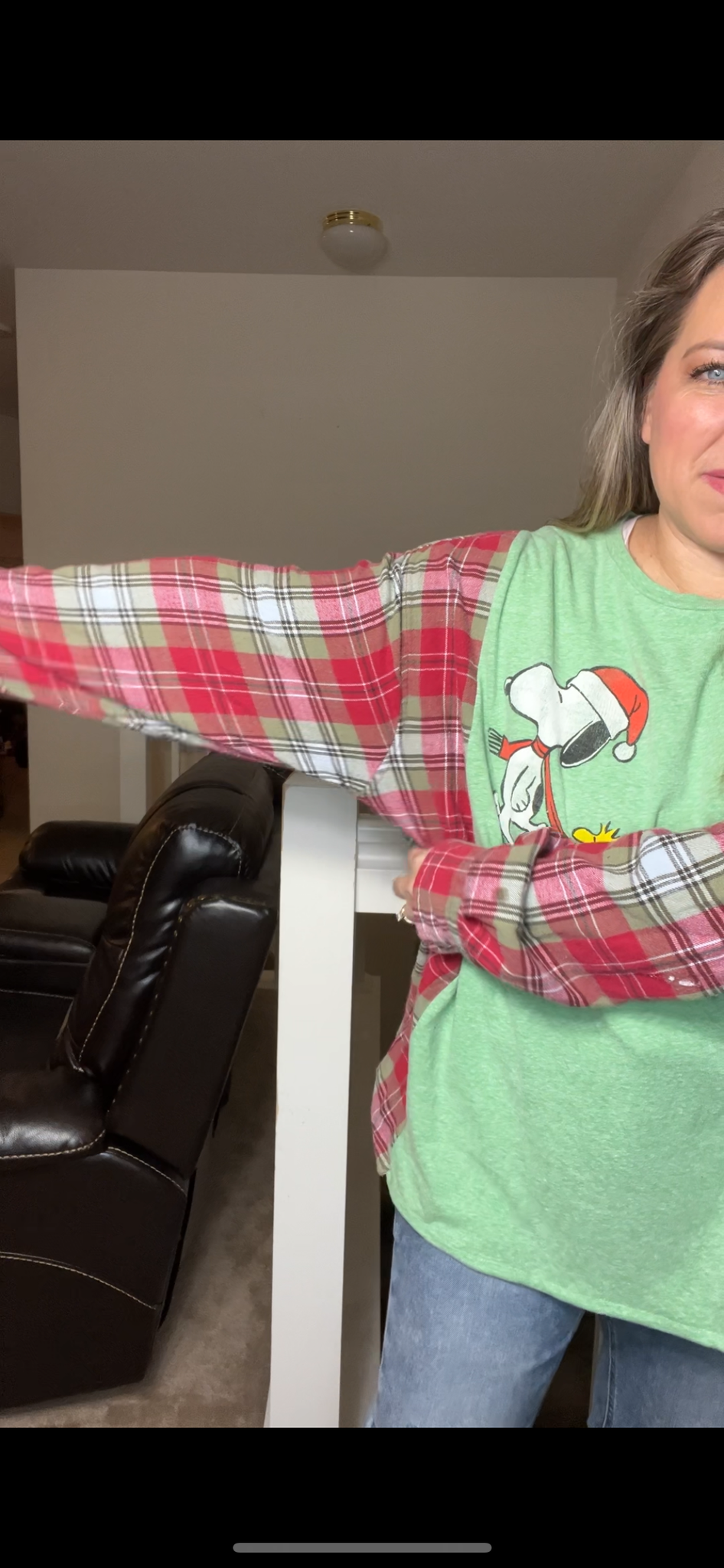 Upcycled Snoopy Woodstock – women’s 2X – thin T-shirt, with flannel sleeves – words can be added