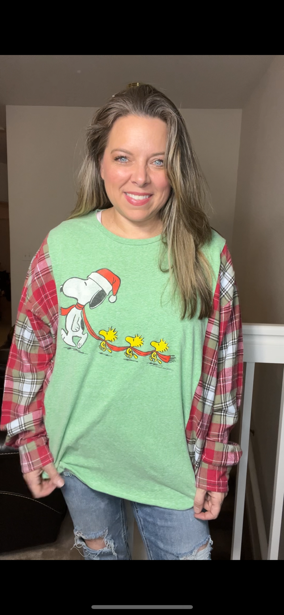 Upcycled Snoopy Woodstock – women’s 2X – thin T-shirt, with flannel sleeves – words can be added