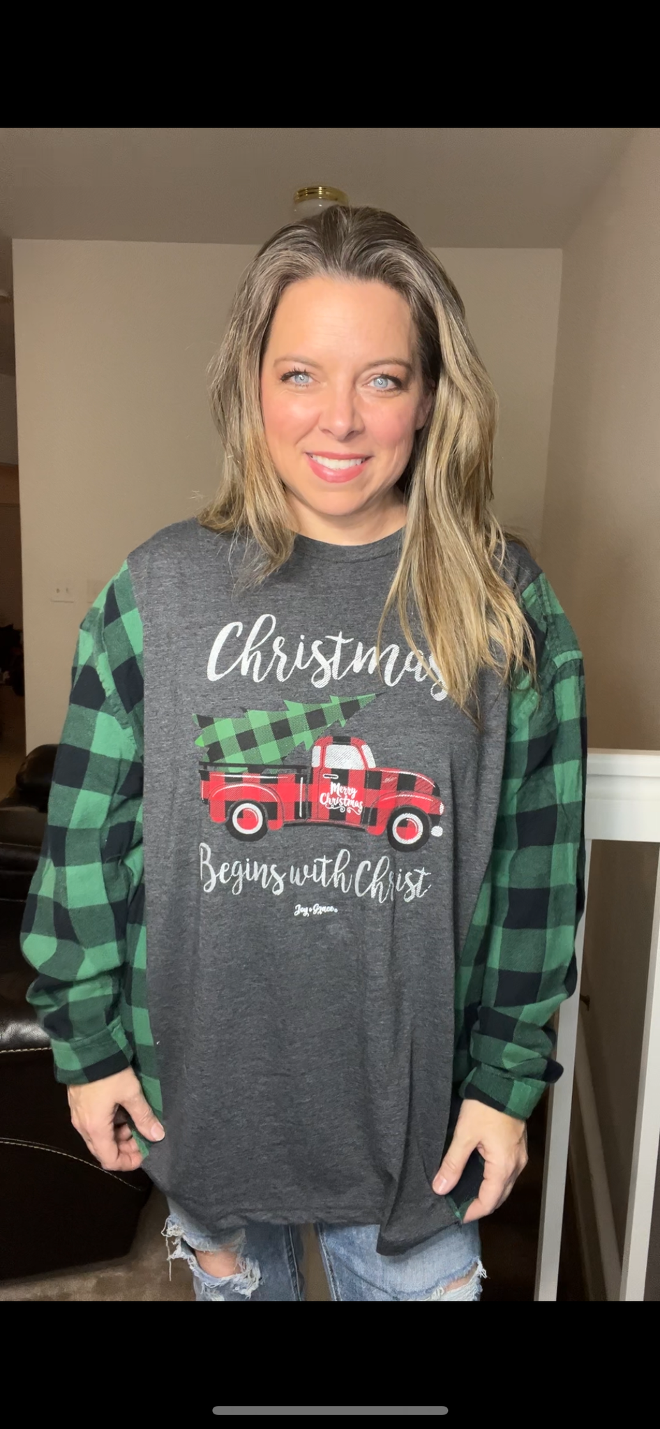 Upcycled CHRIST-mas - Women’s 3X – T-shirt with flannel sleeves