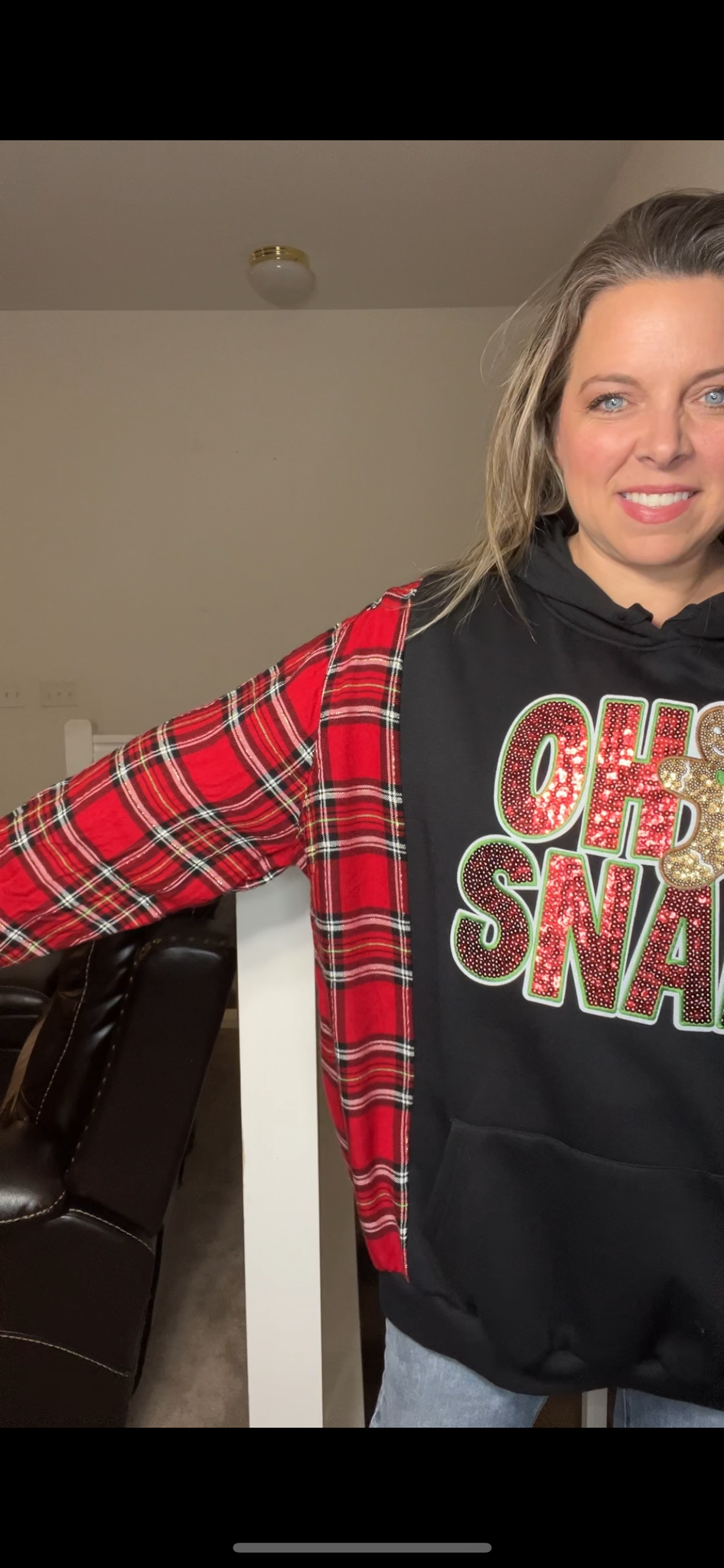 Upcycled Oh Snap – women’s 3X – midweight sweatshirt with flannel sleeves