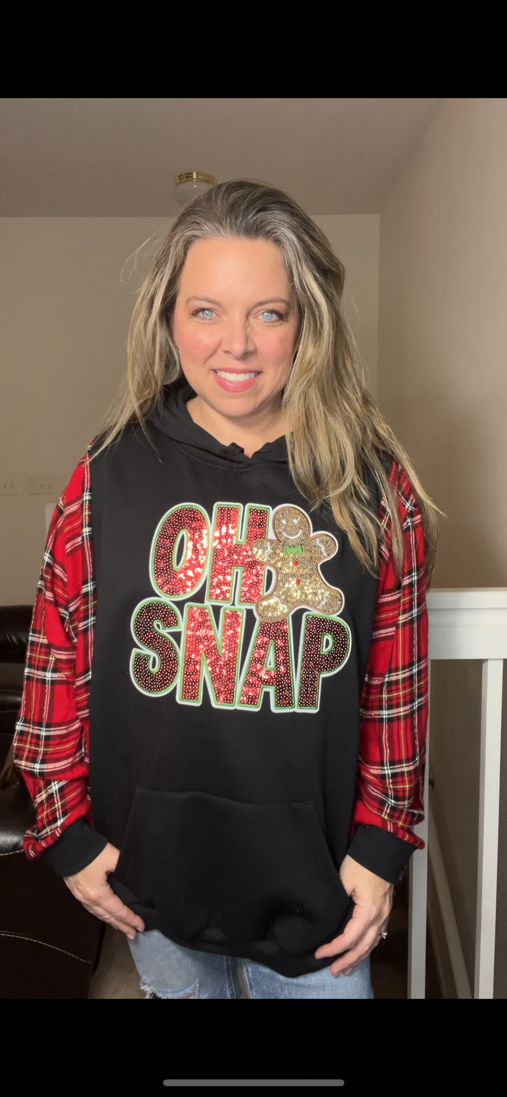 Upcycled Oh Snap – women’s 3X – midweight sweatshirt with flannel sleeves