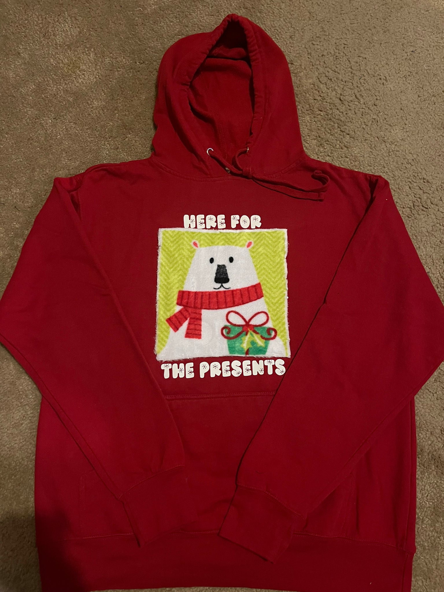 Polar Bear Here for the Presents - women’s large red hoodie