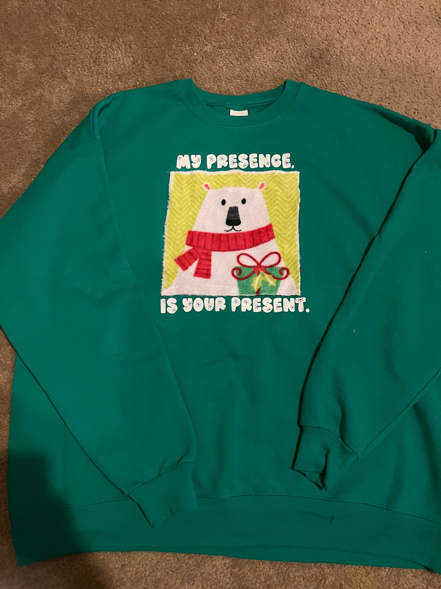 Polar Bear My Presence is Your Present - women’s 2X green crewneck