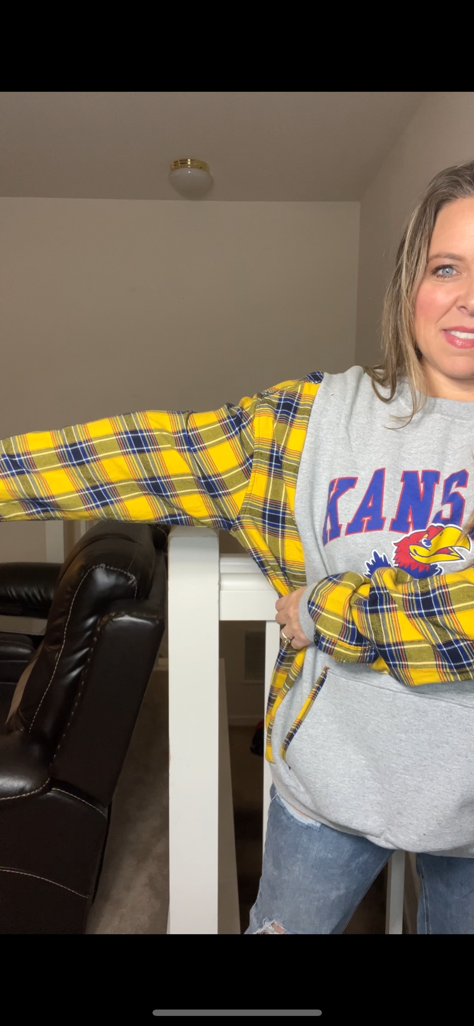 Upcycled Jayhawks – women’s 1X/2X – midweight sweatshirt with flannel sleeves