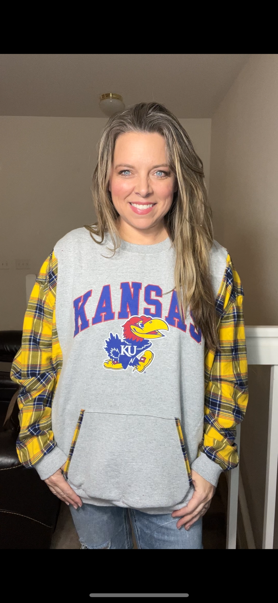 Upcycled Jayhawks – women’s 1X/2X – midweight sweatshirt with flannel sleeves