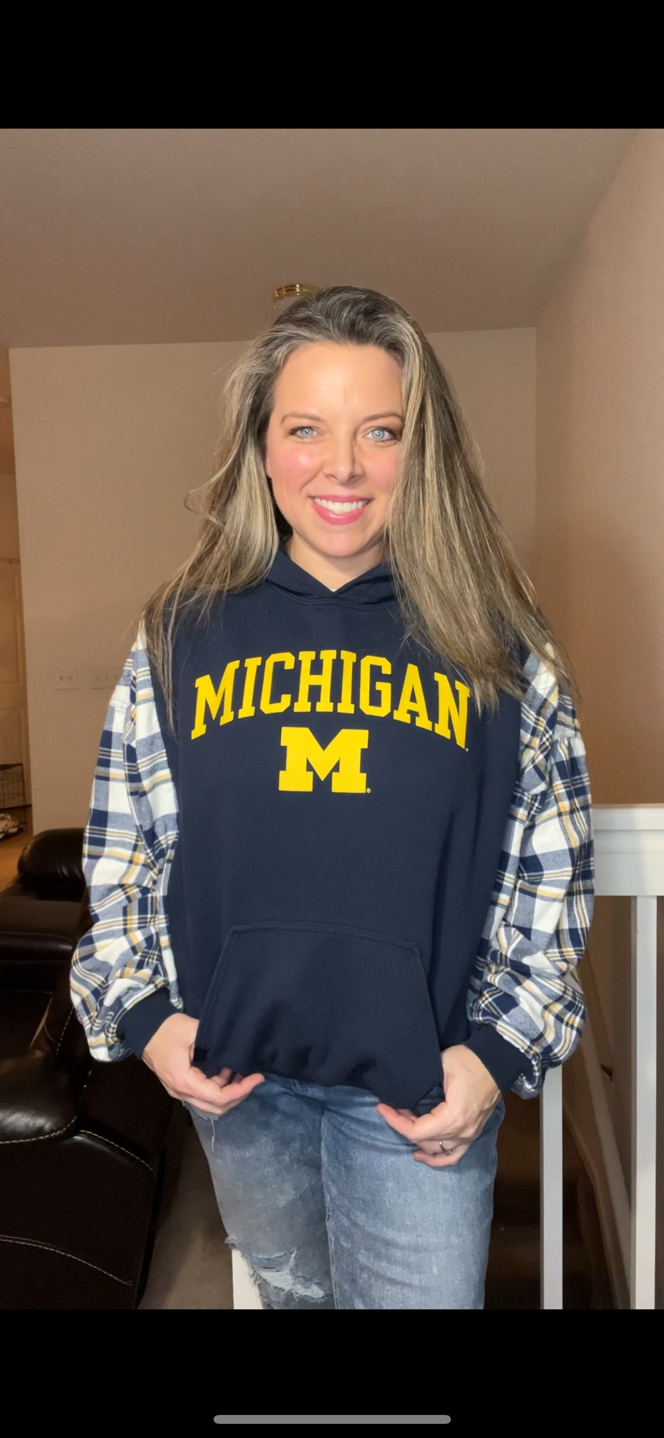 Upcycled UofM - women’s medium – midweight sweatshirt with flannel sleeves ￼