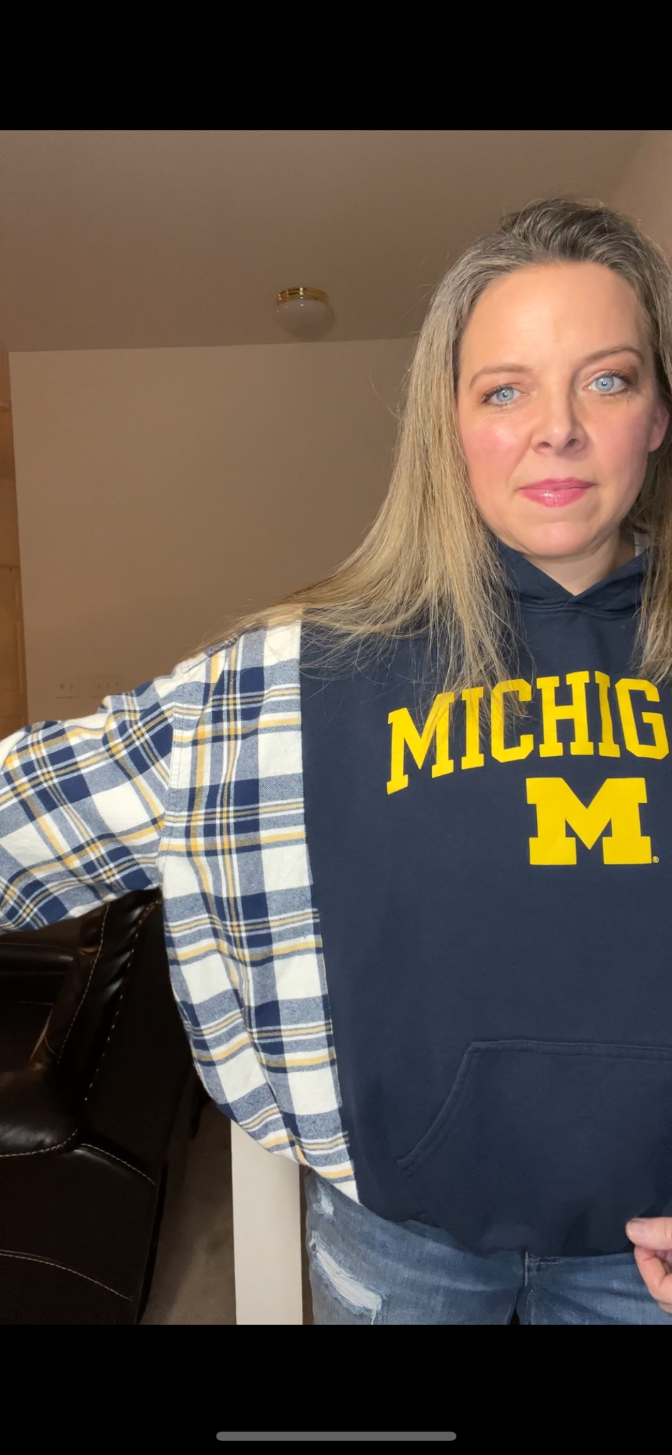 Upcycled UofM - women’s medium – midweight sweatshirt with flannel sleeves ￼