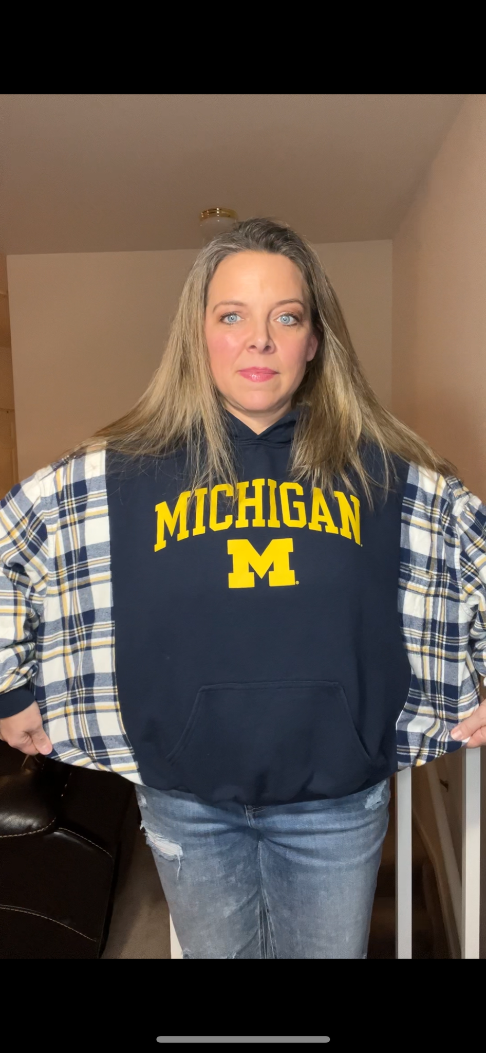 Upcycled UofM - women’s medium – midweight sweatshirt with flannel sleeves ￼