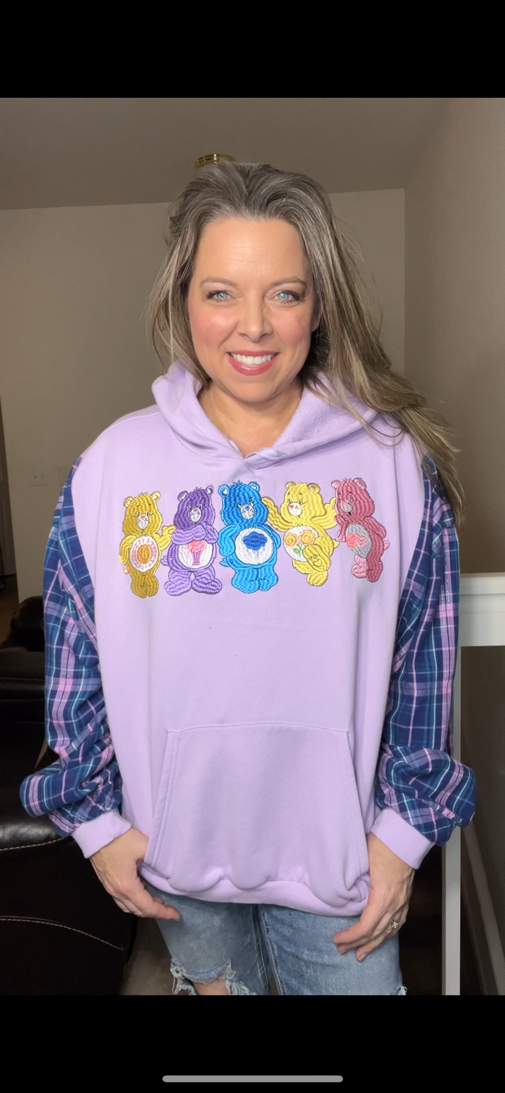 Upcycled Care Bear - Women’s 1X/2X – midweight sweatshirt with flannel sleeves