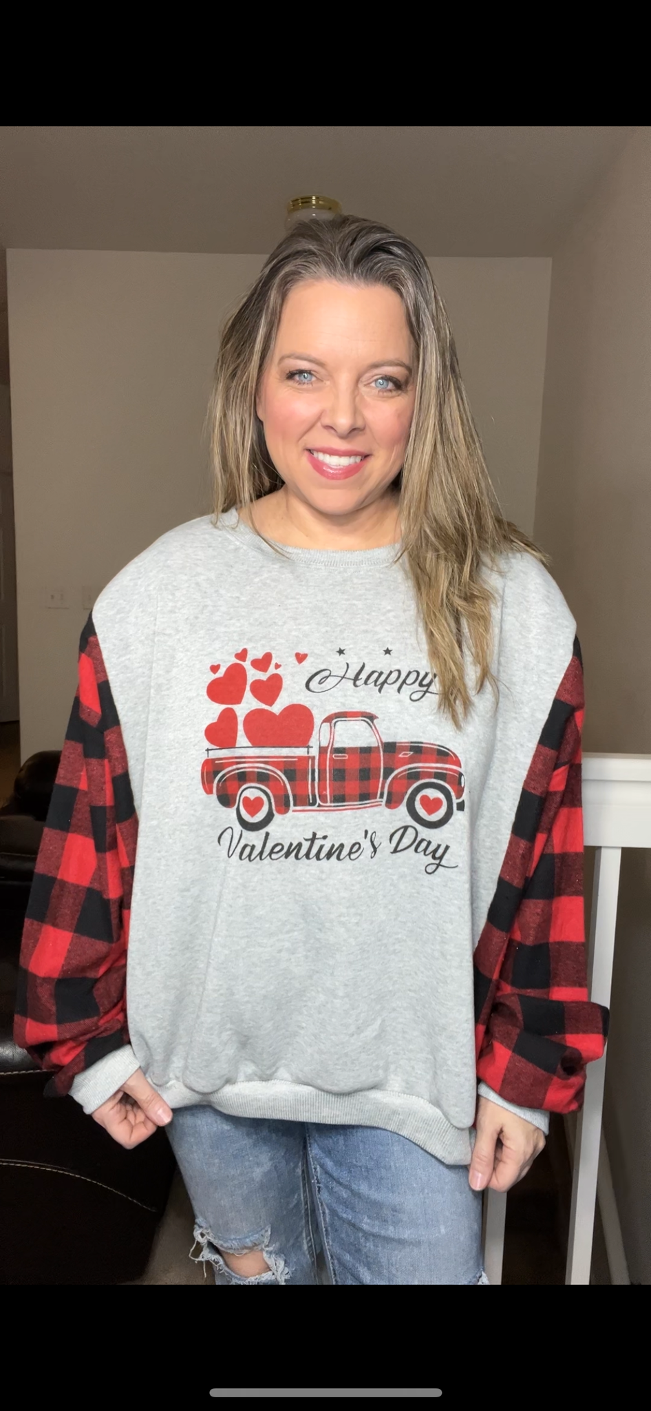 Upcycled Valentine – women’s 1X – midweight sweatshirt with flannel sleeps