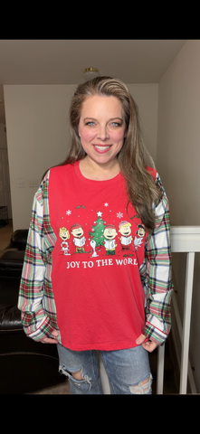 Upcycled Joy Peanuts – women's 2X T-shirt with flannel sleeves