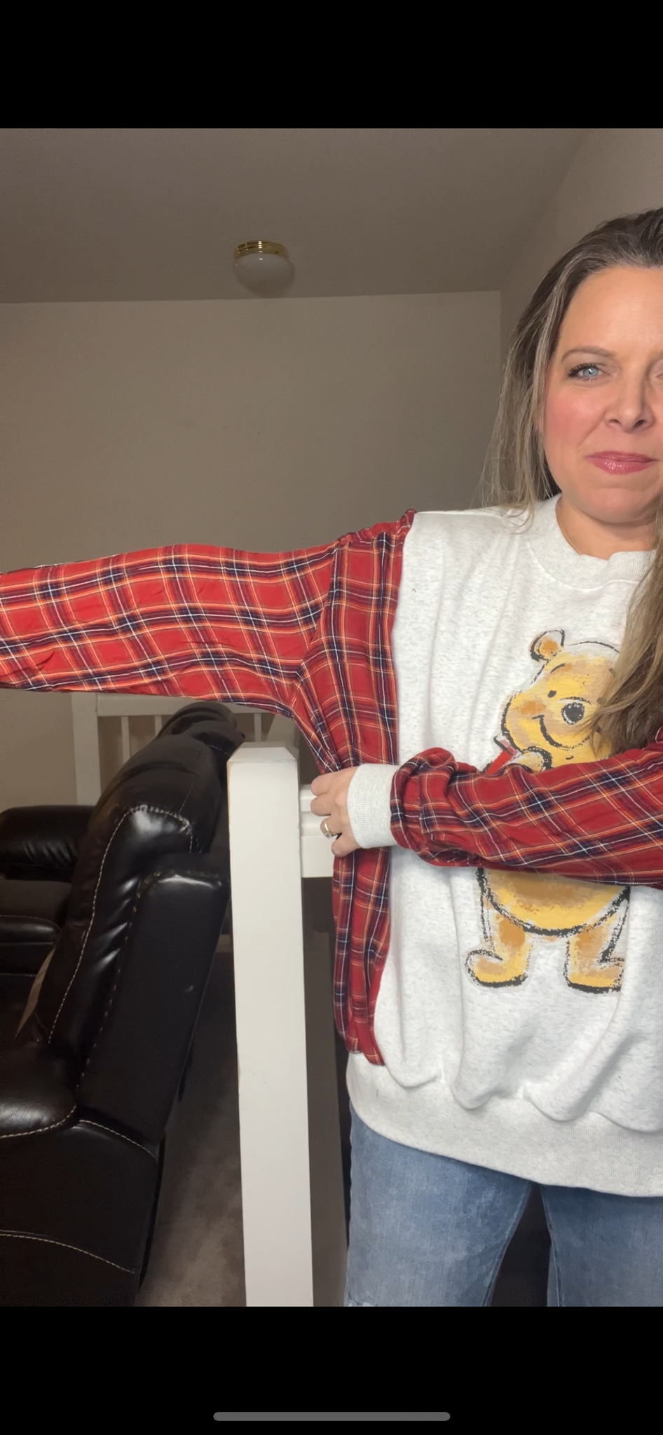 Upcycled Pooh – women’s 3X – fuzzy sweatshirt with thin flannel sleeves