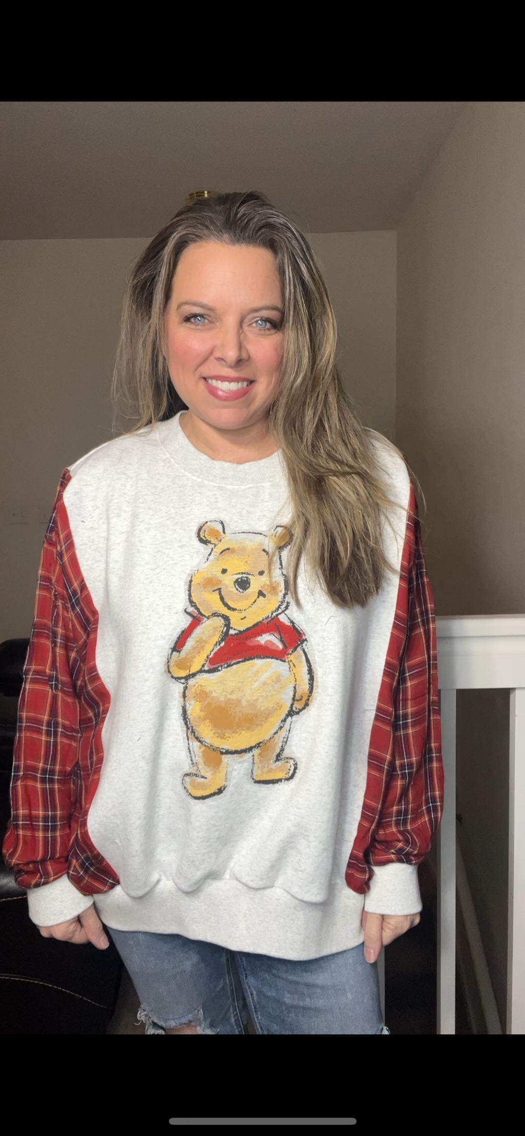 Upcycled Pooh – women’s 3X – fuzzy sweatshirt with thin flannel sleeves