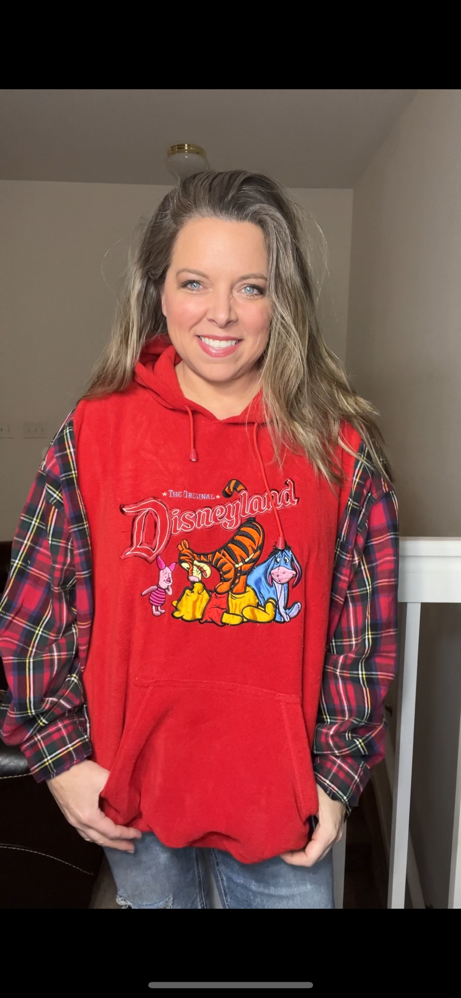 Upcycled Pooh – women’s 3X – fleece sweatshirt with flannel sleeves