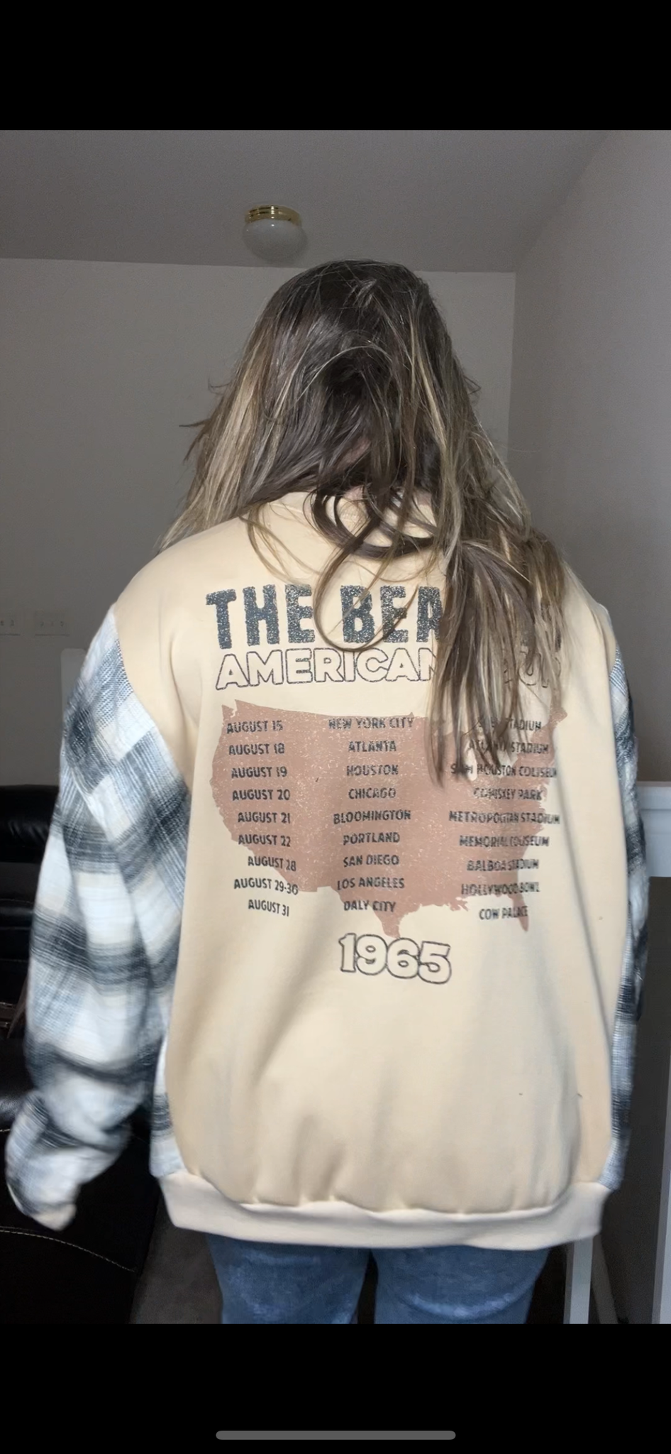 Upcycled Beatles – women’s 2X – midweight sweatshirt with flannel sleeves