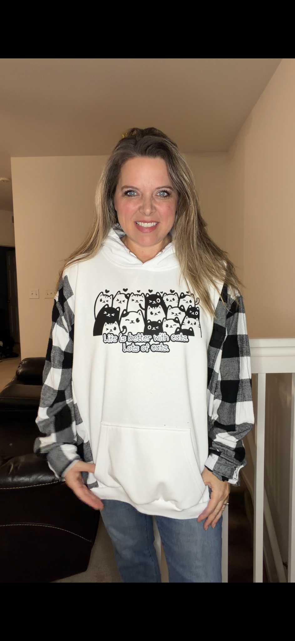Upcycled Cats - women's 4X midweight Sweatshirt with flannel sleeves