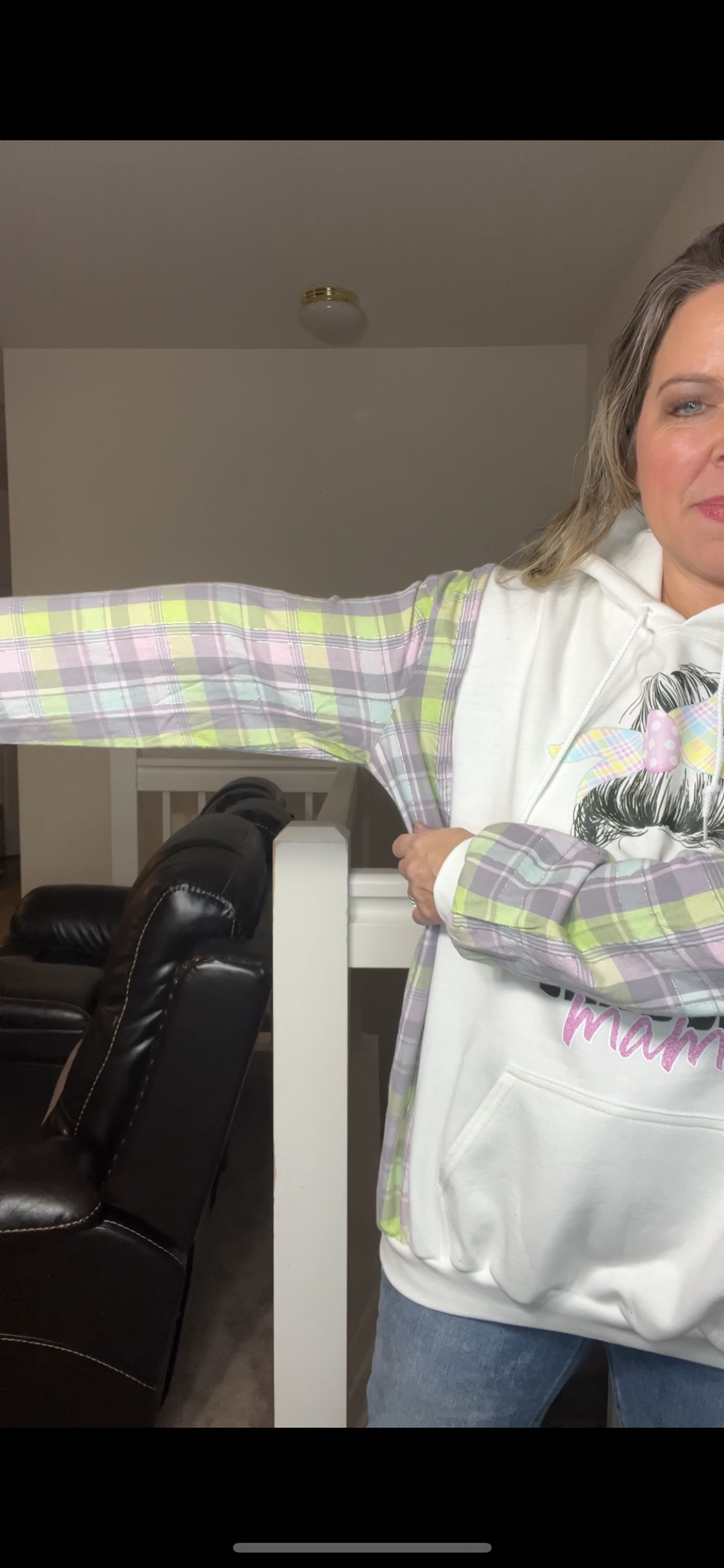 Upcycled Blessed Mama – women’s 1X/2X – midweight sweatshirt with thin flannel sleeves - Sleeves slightly more fitted