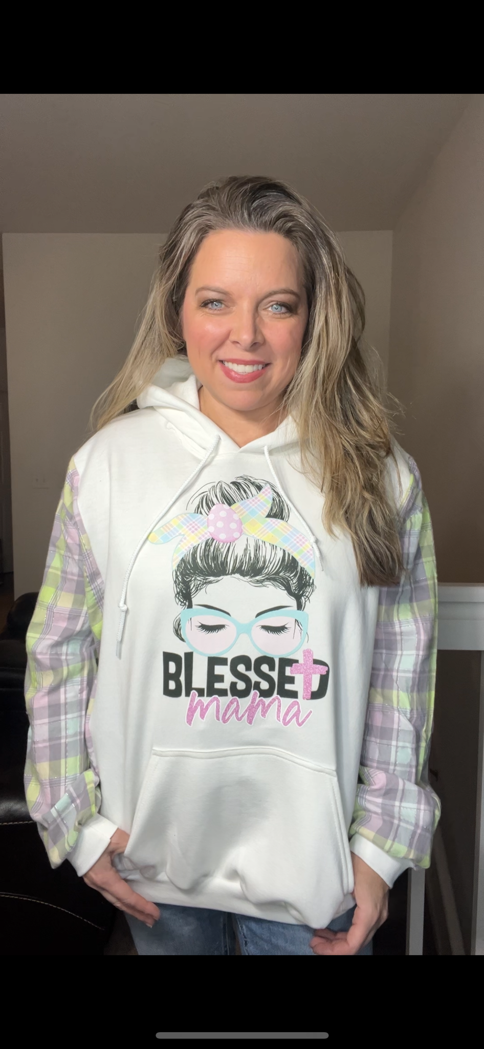 Upcycled Blessed Mama – women’s 1X/2X – midweight sweatshirt with thin flannel sleeves - Sleeves slightly more fitted
