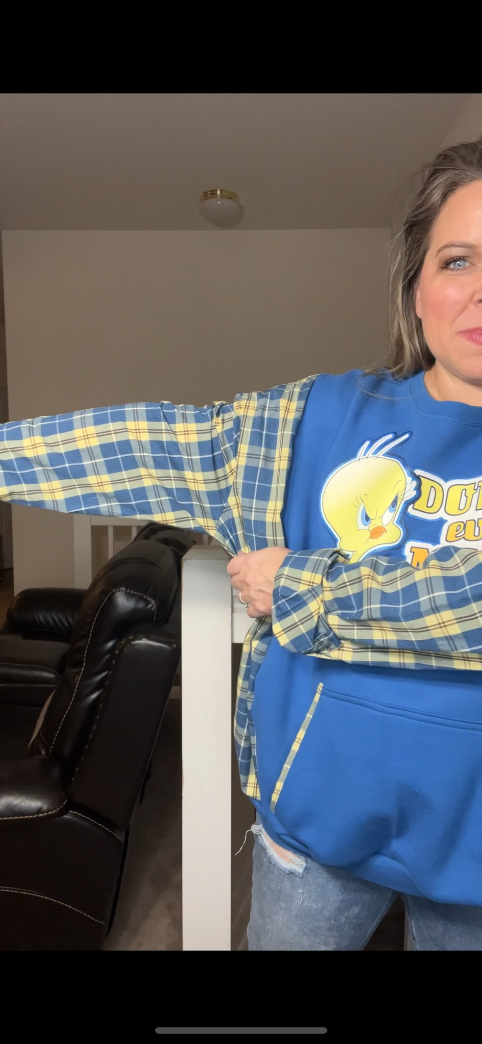 Upcycled Tweety bird – women’s 2X – midweight sweatshirt with soft cotton sleeves