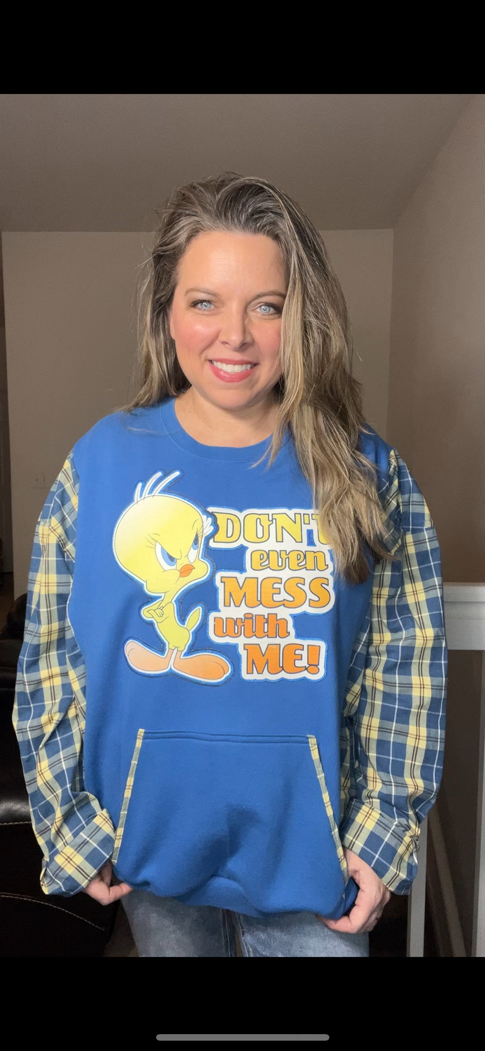 Upcycled Tweety bird – women’s 2X – midweight sweatshirt with soft cotton sleeves