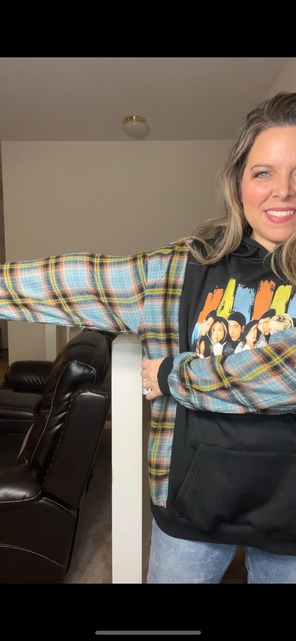 Upcycled Friends – women’s 2X – midweight sweatshirt with flannel sleeves