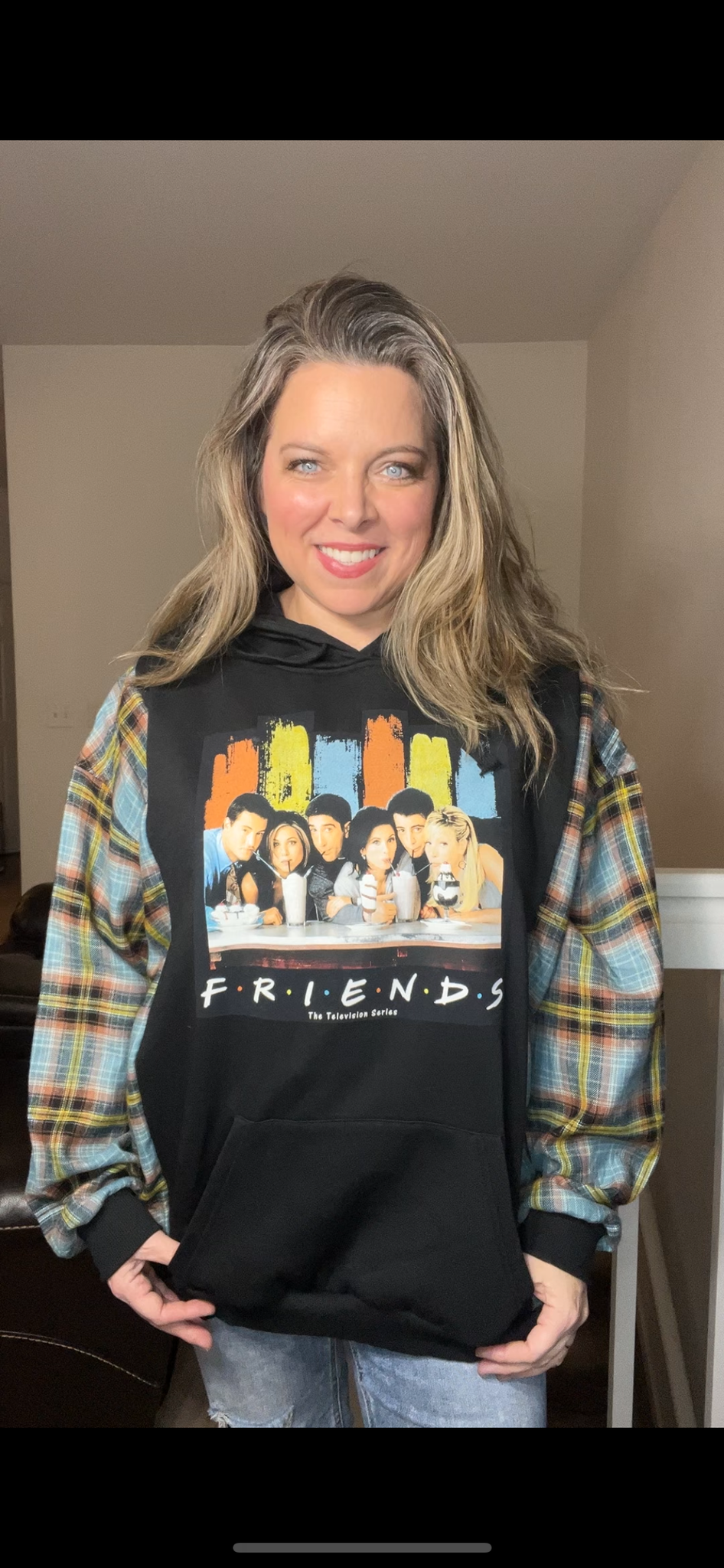Upcycled Friends – women’s 2X – midweight sweatshirt with flannel sleeves
