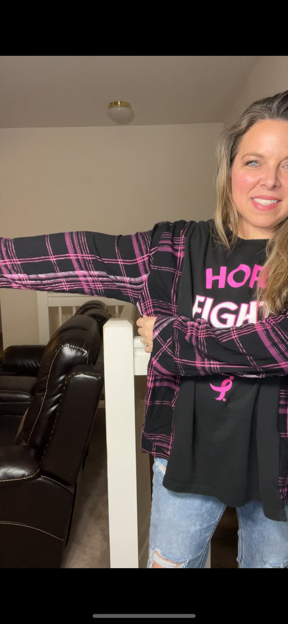 Upcycled breast cancer – women’s 2X – Tshirt With flannel sleeves