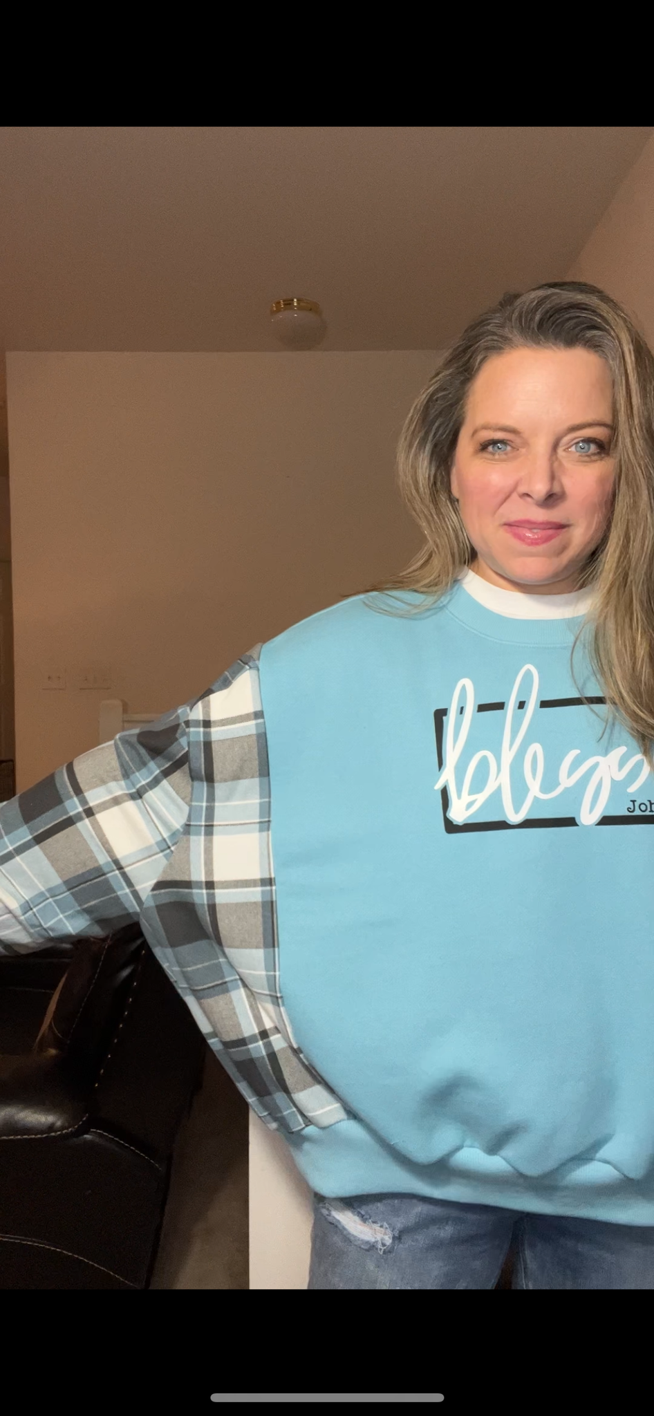 Upcycled Blessed - woman’s XL/1X - wide but shorter - midweight rench terry sweatshirt with soft cotton sleeves
