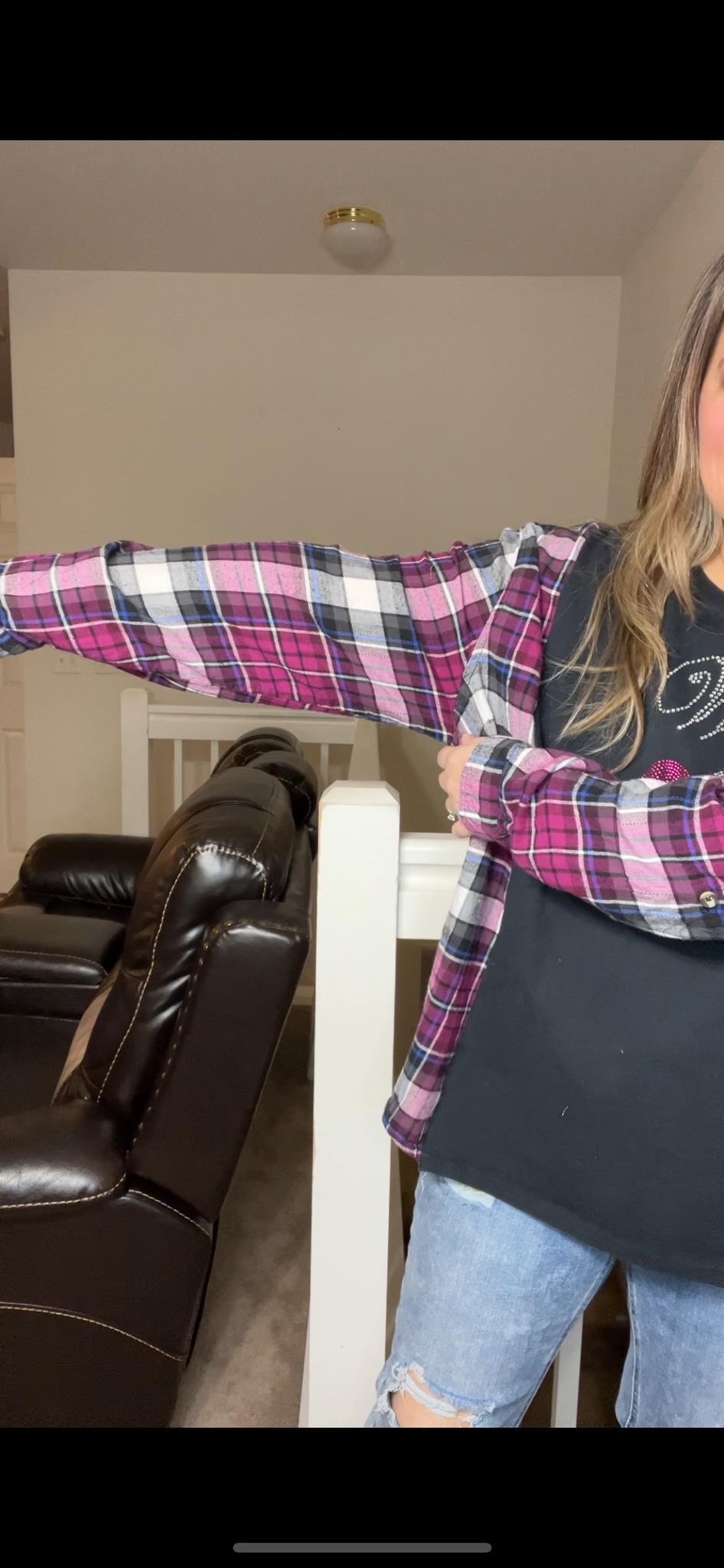 Upcycled Faith – women’s 1X/2X – T-shirt with flannel sleeves