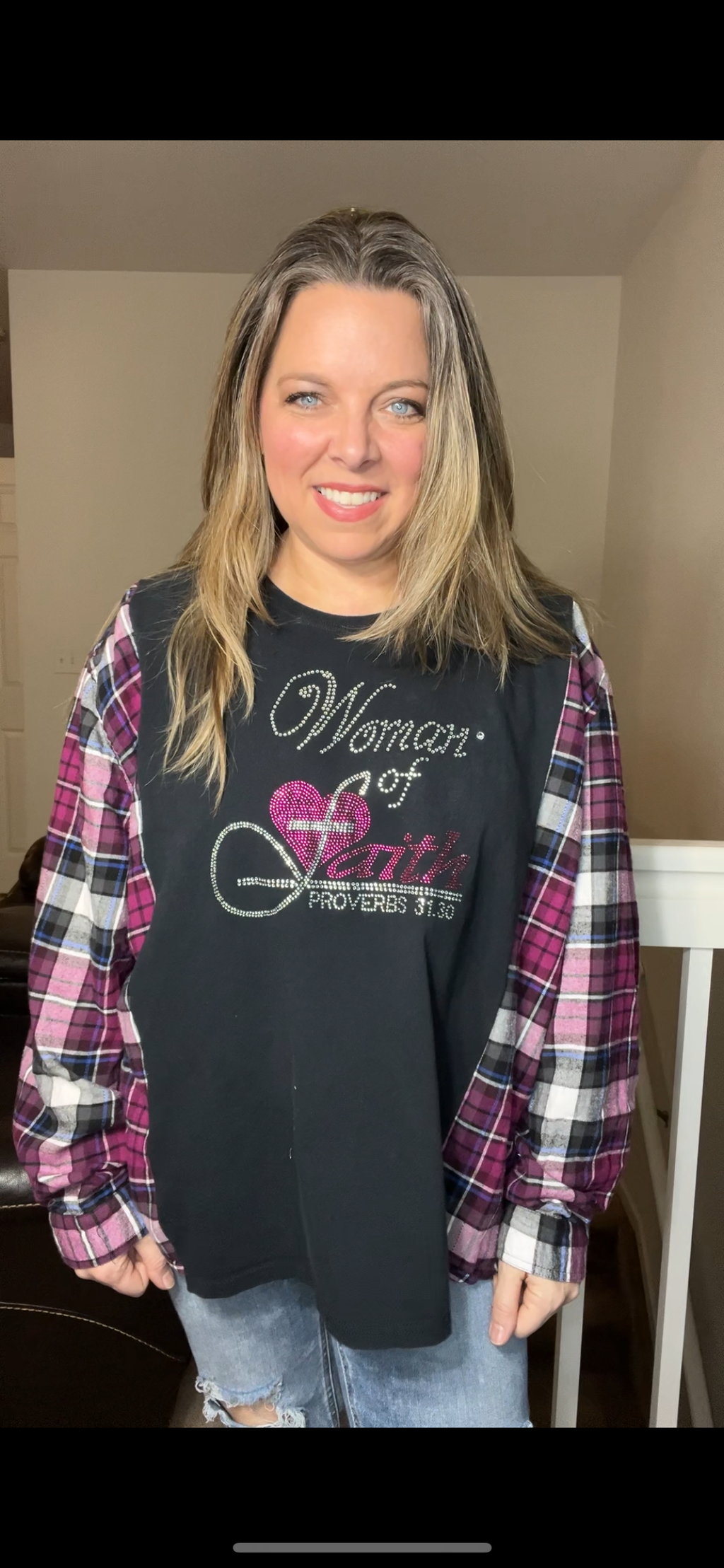 Upcycled Faith – women’s 1X/2X – T-shirt with flannel sleeves