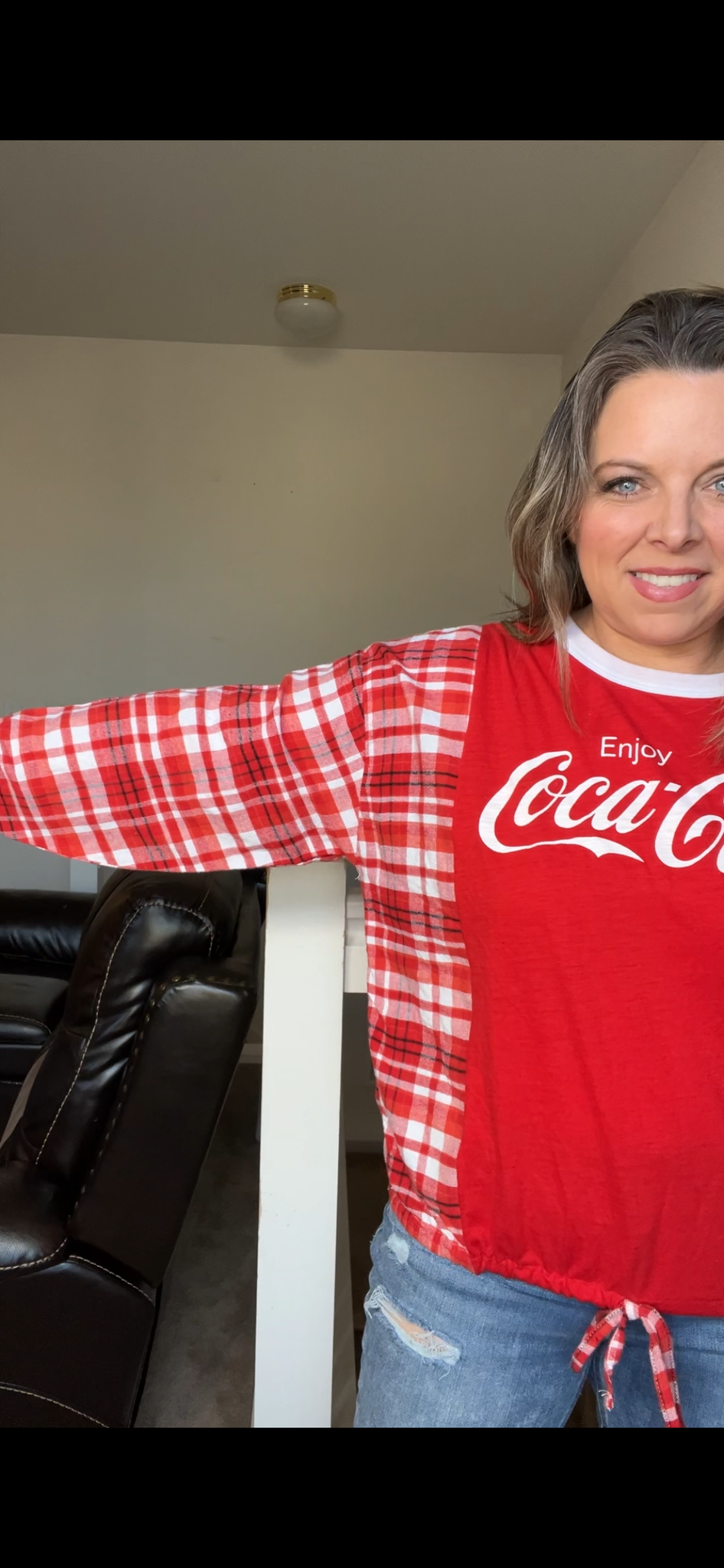 Upcycled Coke – women’s small/medium – T-shirt with flannel sleeves