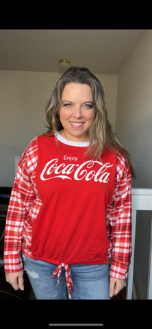 Upcycled Coke – women’s small/medium – T-shirt with flannel sleeves