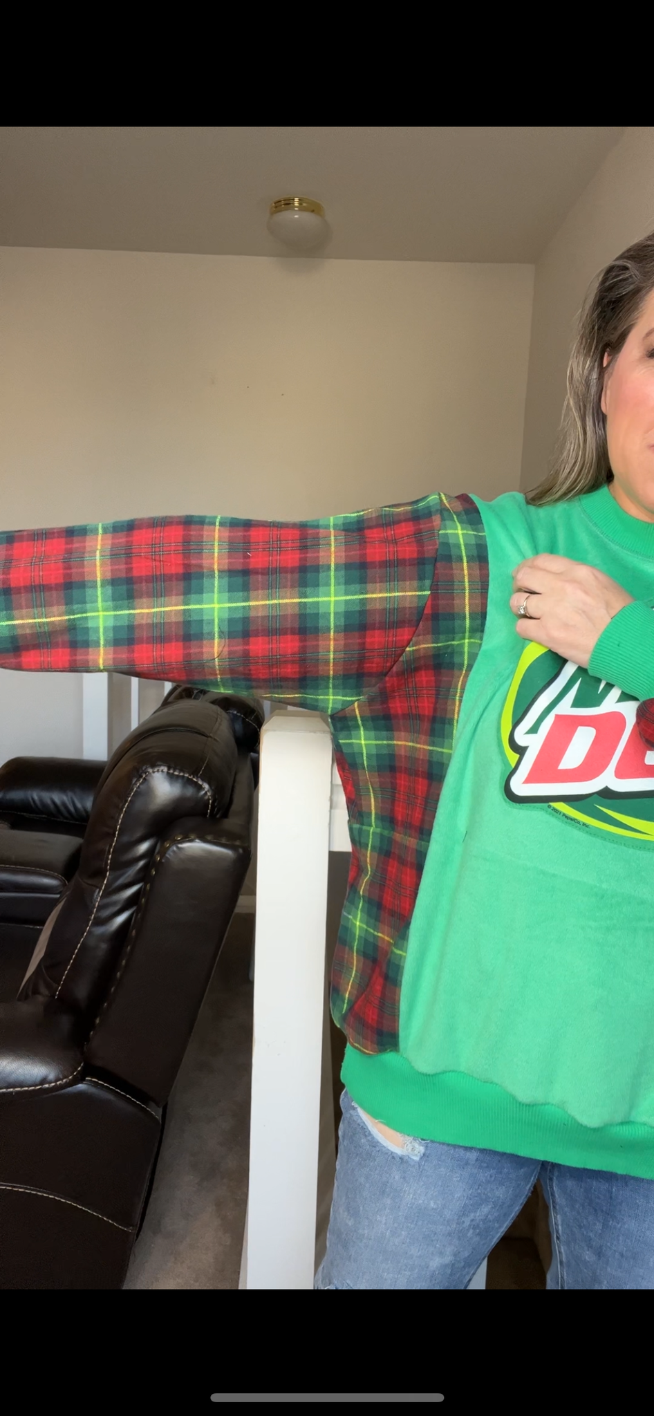 Upcycled Mountain Dew – women’s XL/1X – midweight sweatshirt with flannel sleeves